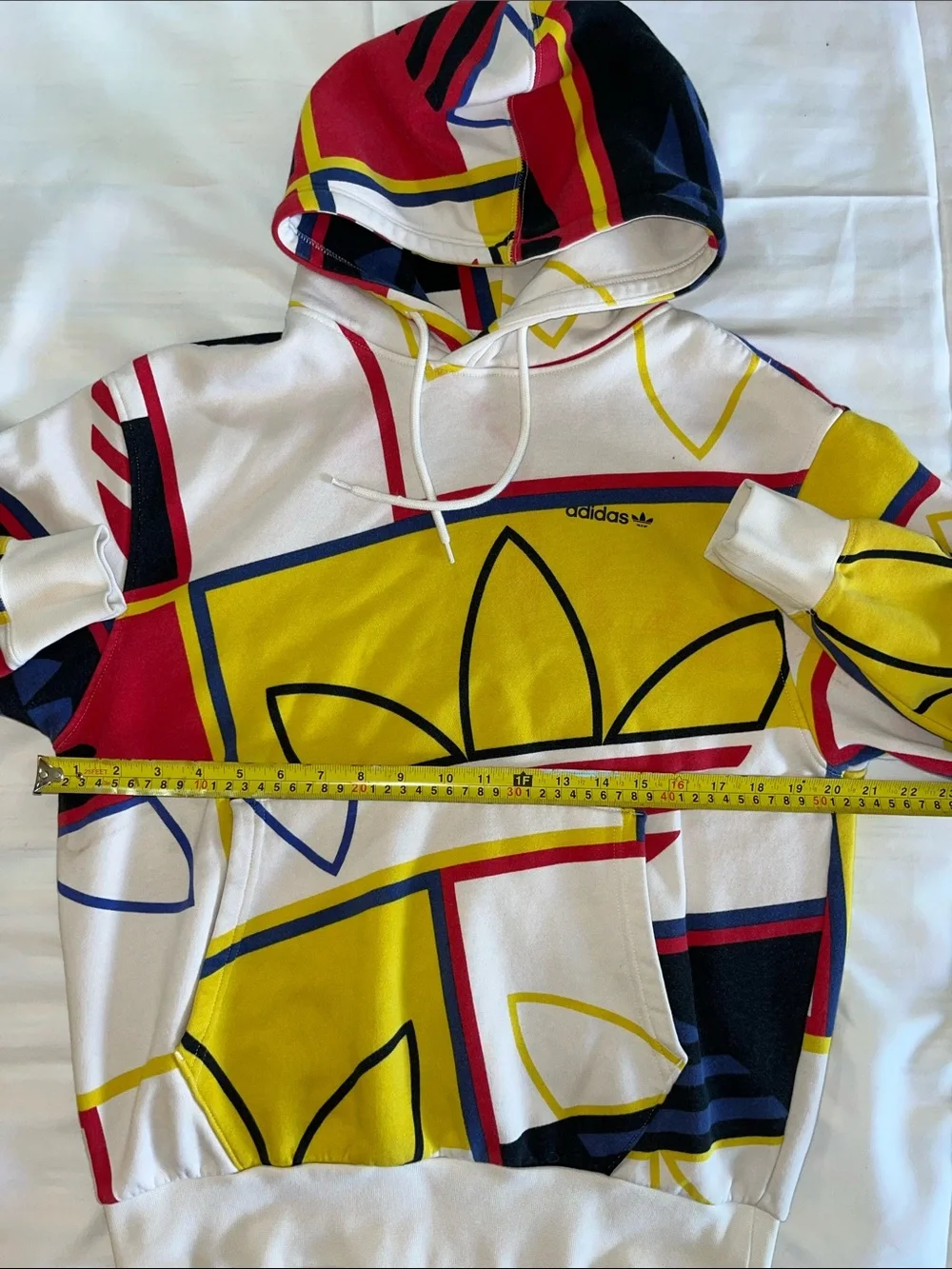 adidas Multi-Color Trefoil Graphic Hoodie - White, Yellow, Red, Navy 20” P2P